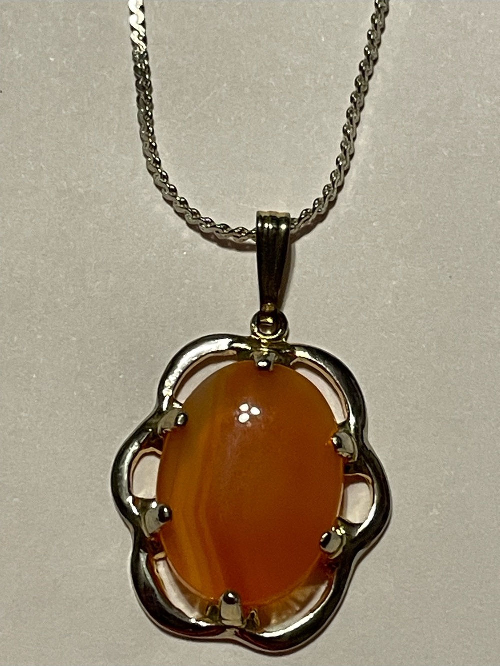 Silver Tone Orange Stone Cabochon Necklace #0289